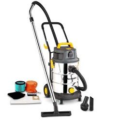 Aspirateur eau et poussieres 1600W - 30L inox - 27 Kpa avec prise integree et bouchon de vidange