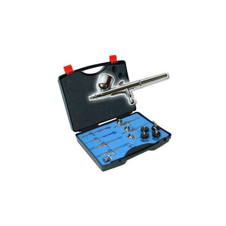 Ensemble 6 pistolets AIRBRUSH + accessoires métal chromé aiguille inox