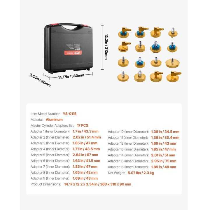 Kit adaptateur de maître-cylindre de purge de frein, 17 pcs